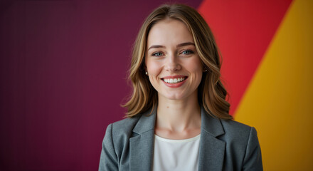 Smiling woman in gray blazer and white top against colorful gradient background with red, purple and yellow stripes. Professional portrait creates positive impression for corporate branding