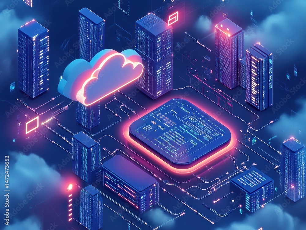Poster Futuristic Cityscape with Cloud Computing and Data Processing Elements