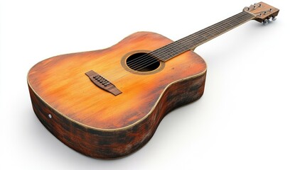 Fototapeta premium A weathered acoustic guitar resting on a plain surface.