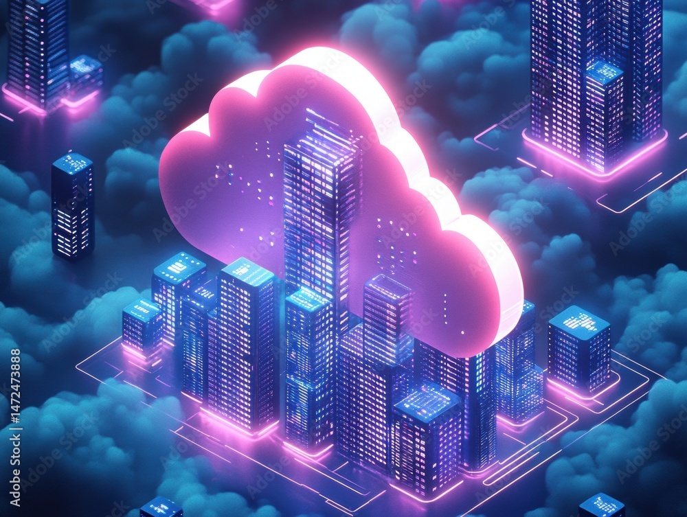 Poster futuristic cityscape with cloud computing concept and neon lights