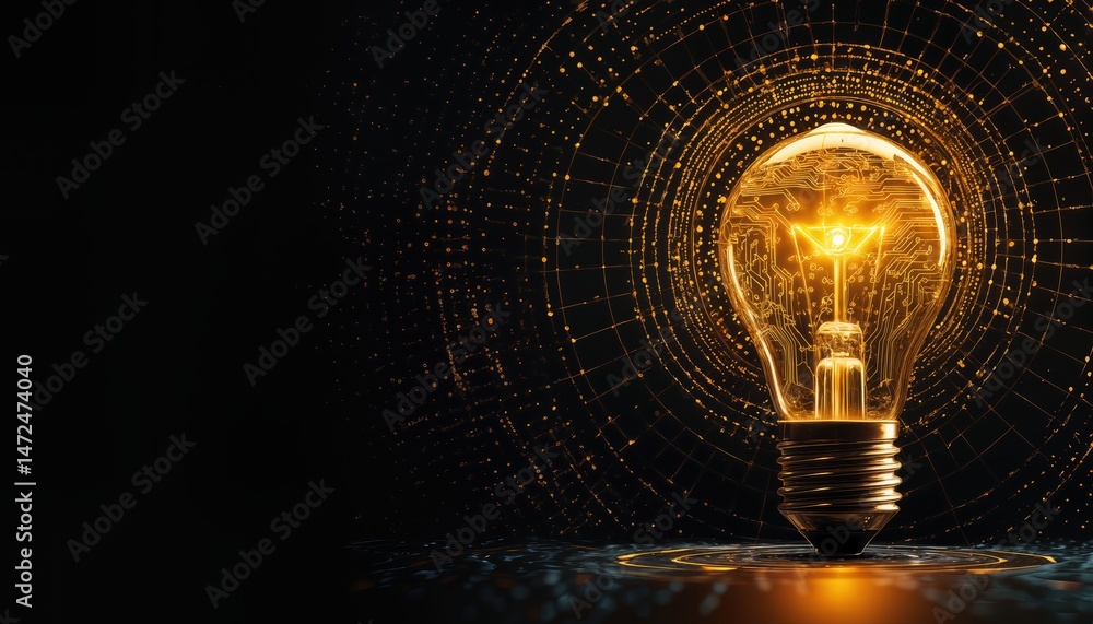 Aufkleber a glowing light bulb filled with intricate circuitry and surrounded by a network of golden lines sym