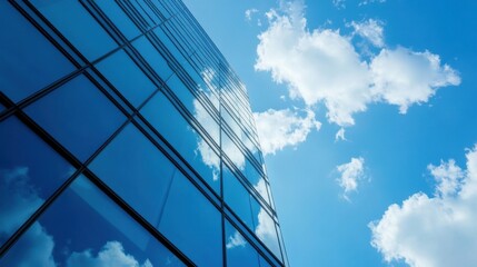 Modern glass skyscraper reflecting blue sky and fluffy clouds, low angle view showcasing architectural design and urban landscape. : Generative AI