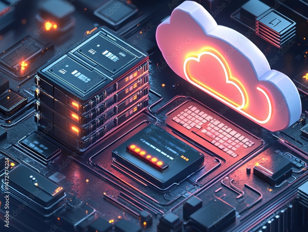 Poster Futuristic Cloud Computing Concept with Data Servers and Digital Interface
