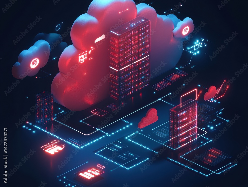 Poster Futuristic Cloud Computing Concept with Neon Lights and Data Storage