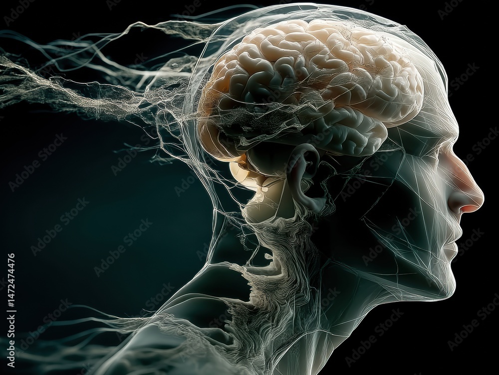 Poster abstract representation of the human brain and mind with ethereal tendrils