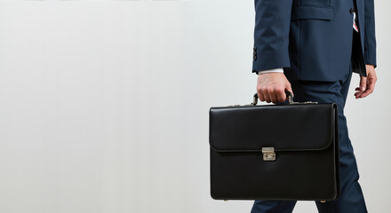 Businessman in navy blue suit holding black leather briefcase against white background. Professional accessory demonstrates corporate status and business formality for executive workplace