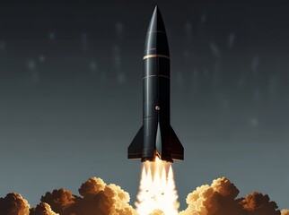 Obraz premium Black Rocket Launching Upwards with Flames and Smoke Against a Dark Sky