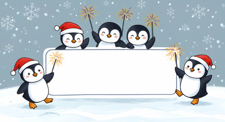 Fototapeta premium Penguins Celebrating with Sparklers Near a Blank Sign in Winter