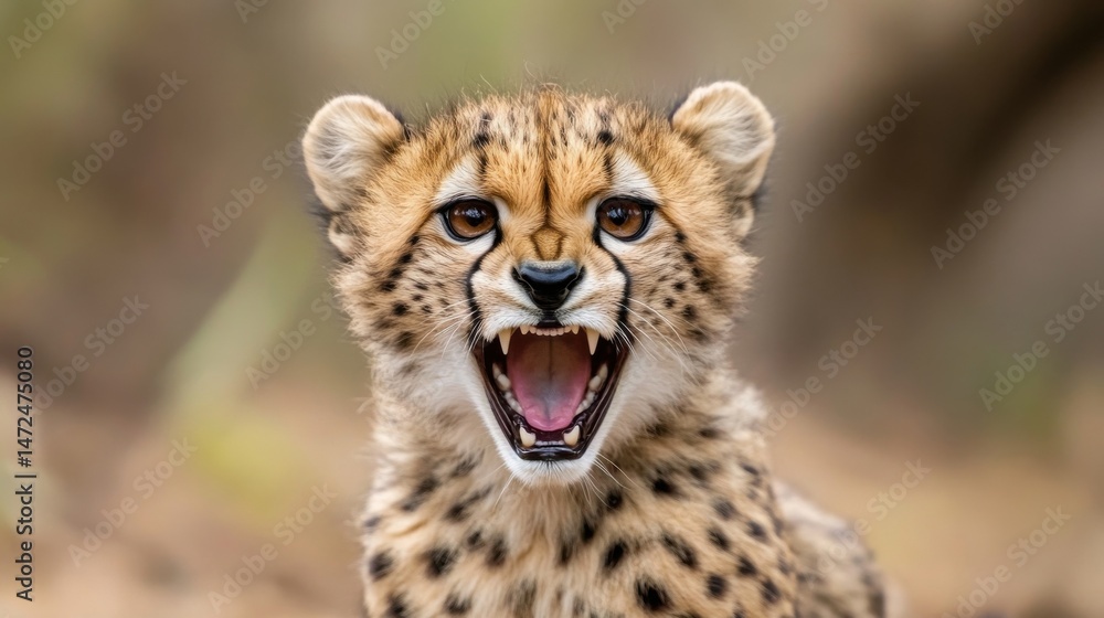 Poster close-up portrait of a young cheetah cub with its mouth open, showing sharp teeth, set against a blu