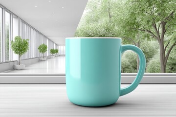 Obraz premium A nurse coffee mug on a windowsill with natural sunlight and hospital hallway view