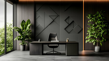 Modern minimalist office with dark wood accents and plants