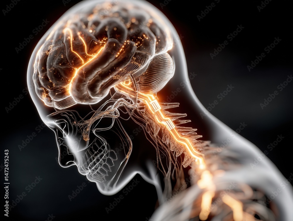 Poster A Stunning Visualization of the Human Brain and Nervous System with Glowing Neural Pathways