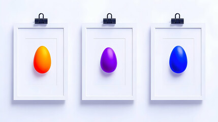 Three framed colorful eggs