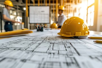 Close-up view of architectural blueprints spread on a table, with yellow hard hats and pencils nearby, suggesting a construction or engineering project in progress. : Generative AI