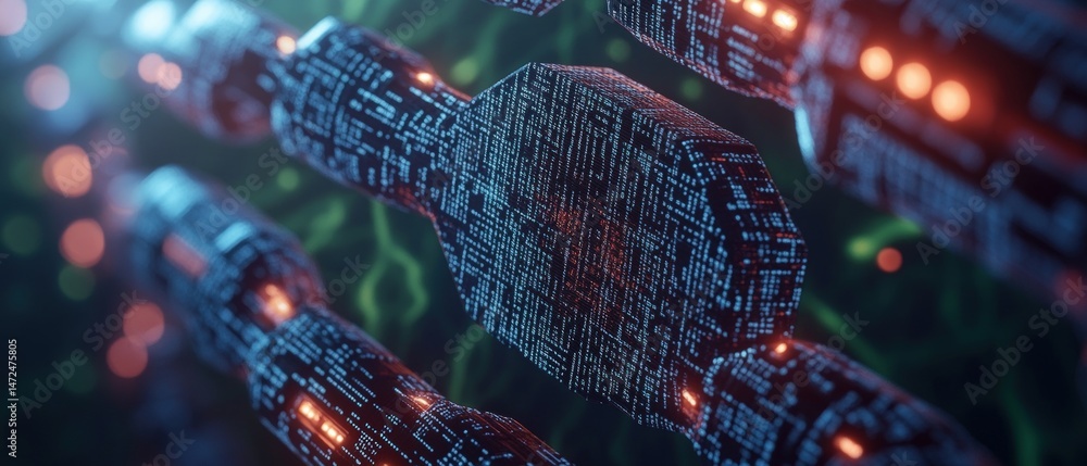 Poster a stylized render of interconnected digital blocks represents blockchain technology and networked sy