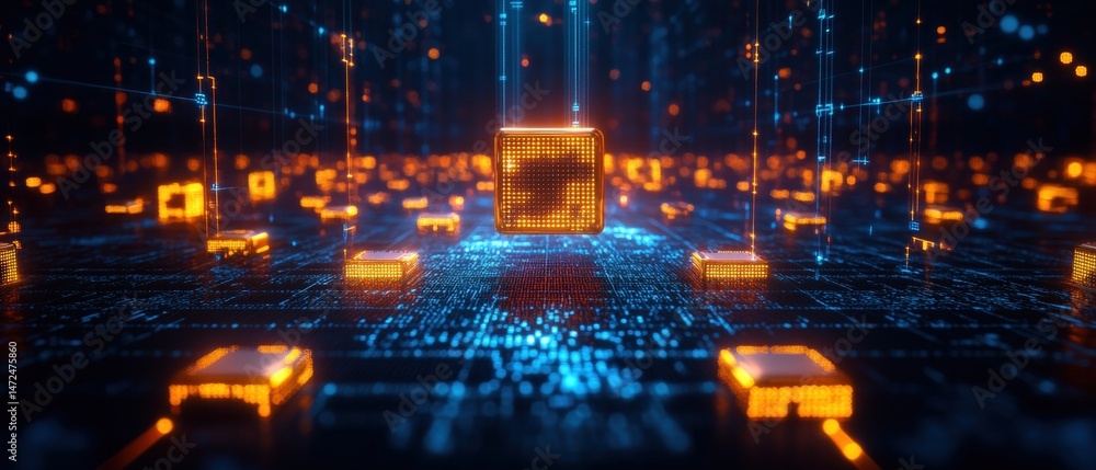 Poster digital processors with glowing connections and blue pathways form a complex network arrangement.