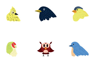 A cute cartoon set of birds, including an owl and sparrow, perched on a nature branch, a funny animal illustration perfect for social media like Twitter