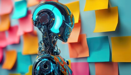 a detailed, futuristic robotic head and neck stands in front of a vibrant, colorful wall covered in sticky notes, suggesting complex thought processes or data analysis.