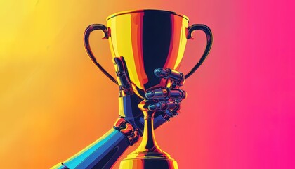 a vibrant, digitally rendered image depicts a robotic hand triumphantly raising a golden trophy against a colorful gradient background.