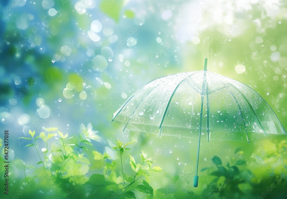 Poster transparent umbrella with raindrops, hanging over lush green foliage and a bokeh background, evoking