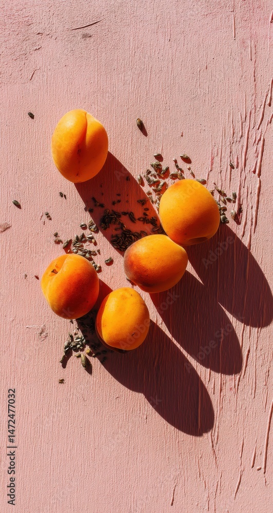 Aufkleber five ripe apricots arranged on a pink textured surface, scattered with small seeds, casting shadows 