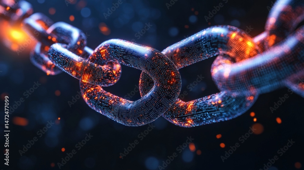 Poster an abstract digital rende shows a metal chain connected with bright glowing embers and bokeh effect.