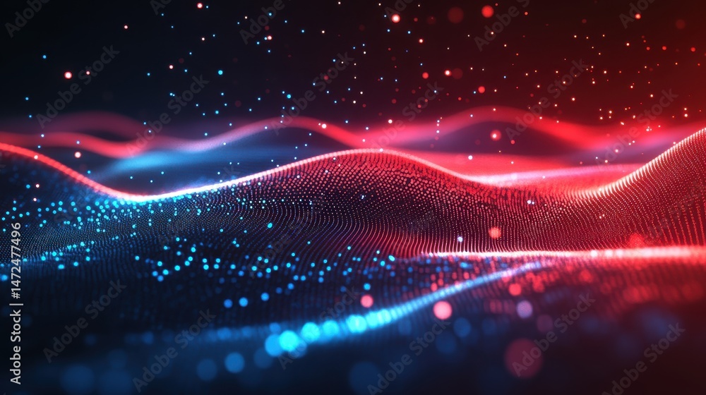Poster abstract red and blue particle waves on dark background