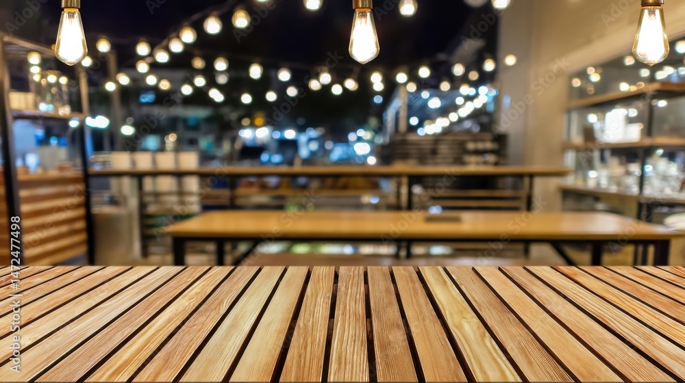 Aufkleber Wooden table top with blurred background of a cozy cafe at night, illuminated by warm string lights and showcasing wooden furniture and shelves. : Generative AI