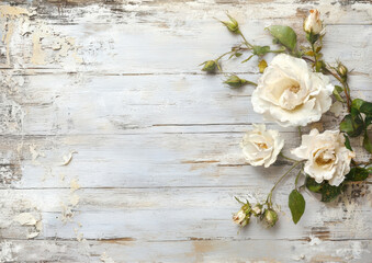 Elegant white roses arranged on a rustic, whitewashed wooden surface, creating a charming and delicate floral composition perfect for wedding invitations or romantic designs. : Generative AI