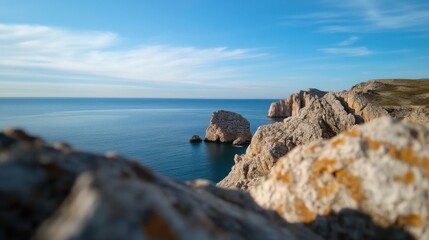 A breathtaking view of the Mediterranean Sea from a rocky cliff, showcasing dramatic coastal formations and a clear blue sky. : Generative AI