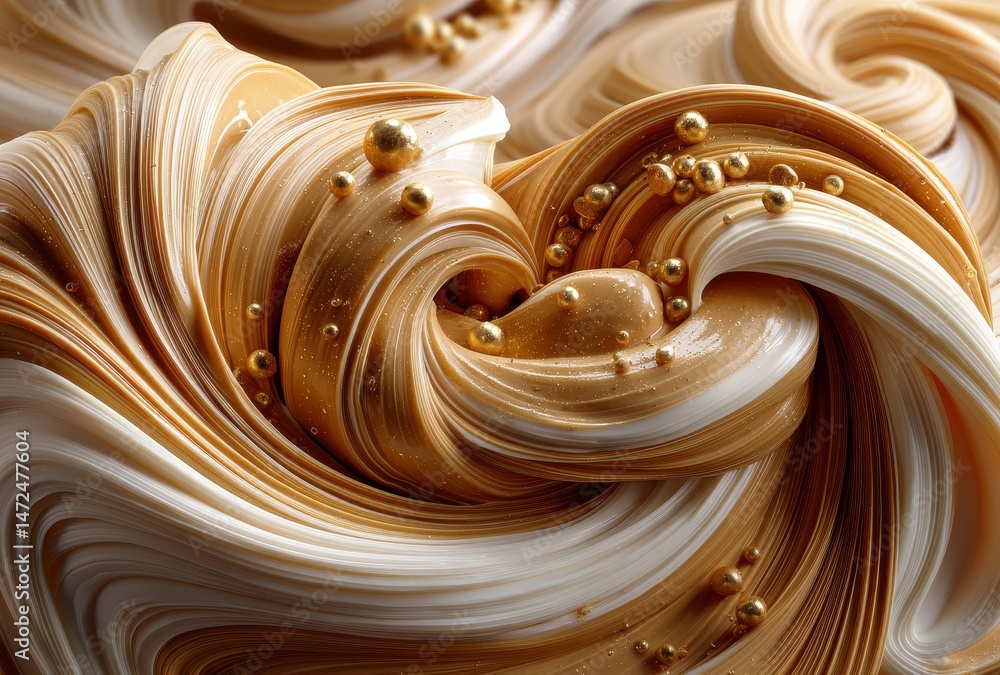 Poster abstract flowing cream and caramel swirl with golden spheres creating a rich and luxurious texture s