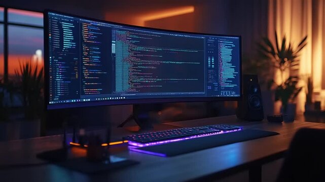 A programmer's workspace at night, illuminated by the glow of a large monitor displaying lines of code.  Keyboard and speakers complete the setup