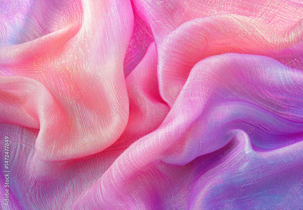Poster closeup view of iridescent pink and purple silk fabric, showing its soft, flowing texture and subtle