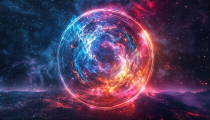 Obraz premium a vibrant, swirling vortex of cosmic energy and nebulae forms a radiant ring against a backdrop of distant stars and swirling galaxies.