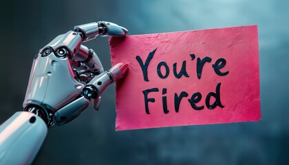 a robotic hand holds a torn pink sticky note with the words "you're fired" written on it, symbolizing job loss and automation.