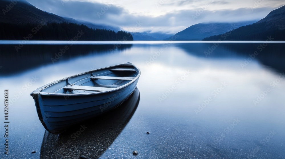 Poster serene blue rowboat rests on a still lake, reflecting misty mountains and tranquil sky at dawn. : ge