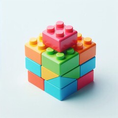 Obraz premium Colorful Plastic Toy Blocks Arranged in Geometric Cube on White Background