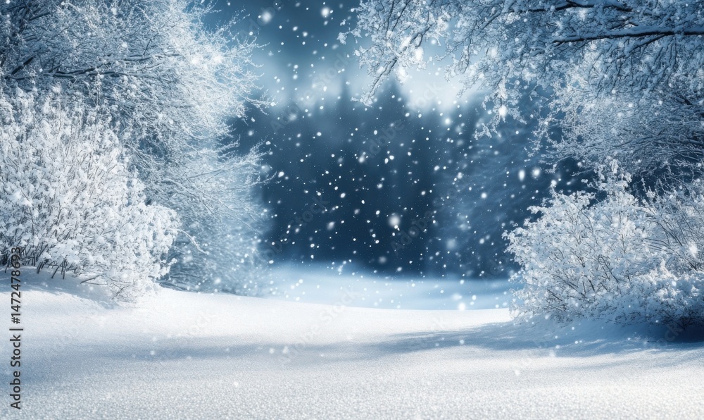 Fototapete Snowy winter landscape with snow-covered trees and falling snowflakes, creating a serene and peaceful atmosphere. : Generative AI