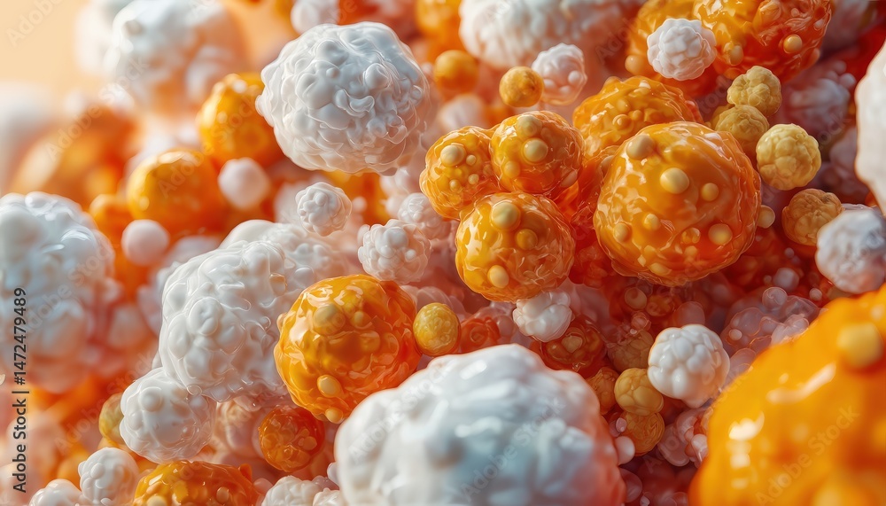 Poster a close-up abstract rendering depicts a dense collection of textured, spherical forms in shades of o