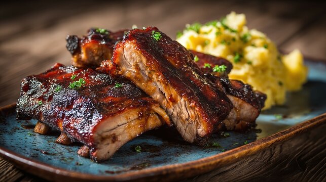 Glazed ribs and mashed potatoes on a plate on a wooden surface.