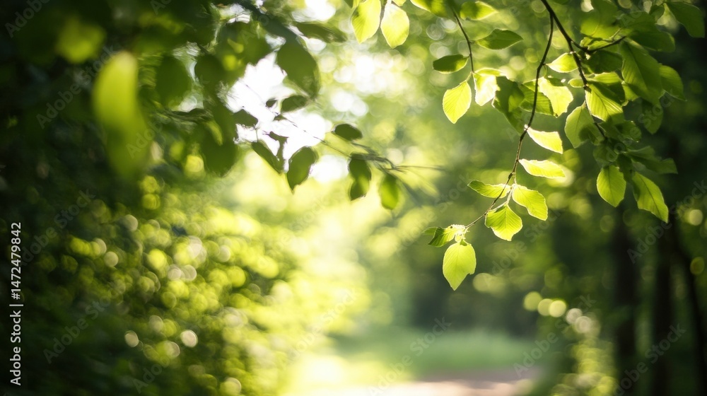 Poster Sunlight filters through vibrant green leaves on a tree branch, creating a bokeh effect in a sunlit forest path. : Generative AI