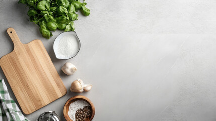 A flat lay showcasing culinary ingredients: fresh basil, garlic cloves, flour, peppercorns, and a wooden cutting board, arranged on a light gray kitchen countertop, leaving ample copy  : Generative AI