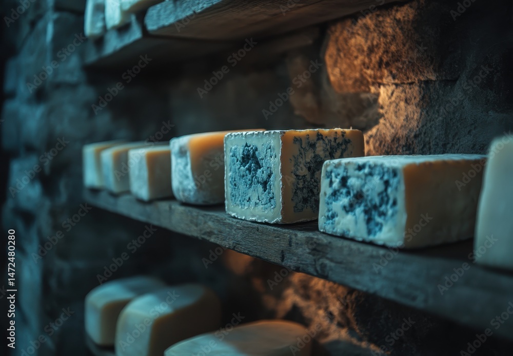 Poster aged cheese blocks on wooden shelf in rustic cellar with soft lighting enhancing texture and color o