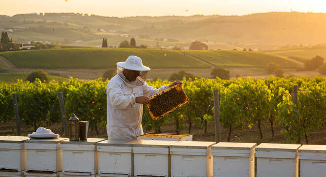 Beekeeper Inspecting Honeycomb in Vineyard at Sunset with Protective Gear and Swarming Bees in Rural Landscape - Powered by Adobe