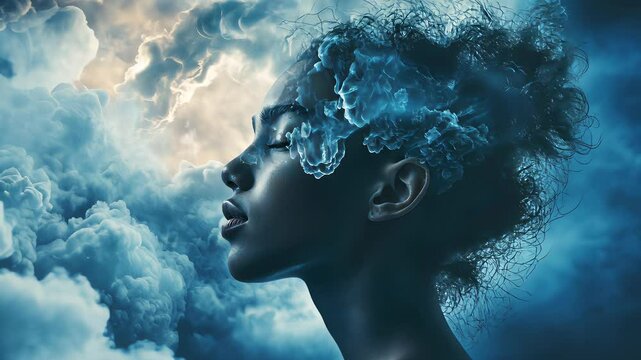 Serene Portrait of a Woman with Braided Hairstyle, Dreamy Blue and Purple Tone, Contemplative Expression, Close-Up Beauty Shot.