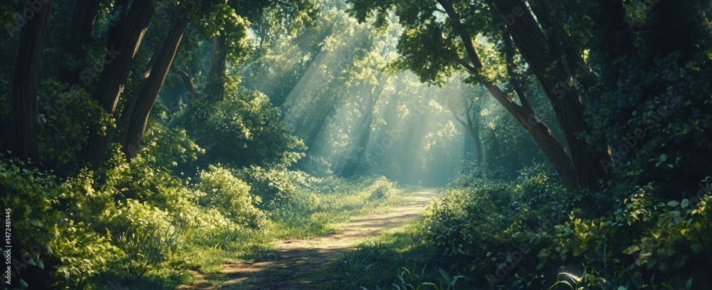 Aufkleber sunbeams illuminate a tranquil path winding through a lush, green forest, creating a magical, serene