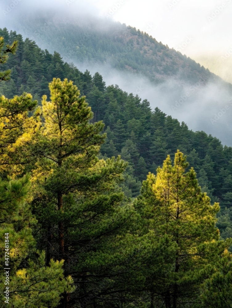 Poster sunlit pine trees on a misty mountainside, showcasing the vibrant green and yellow hues of the folia