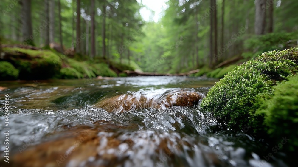 Poster a peaceful forest stream cascades over smooth rocks, creating gentle ripples in clear water. lush gr