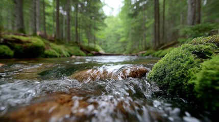 A peaceful forest stream cascades over smooth rocks, creating gentle ripples in clear water. Lush green moss and trees frame the serene landscape, inviting quiet contemplation