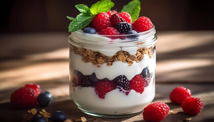 A glass jar filled with yogurt and berries